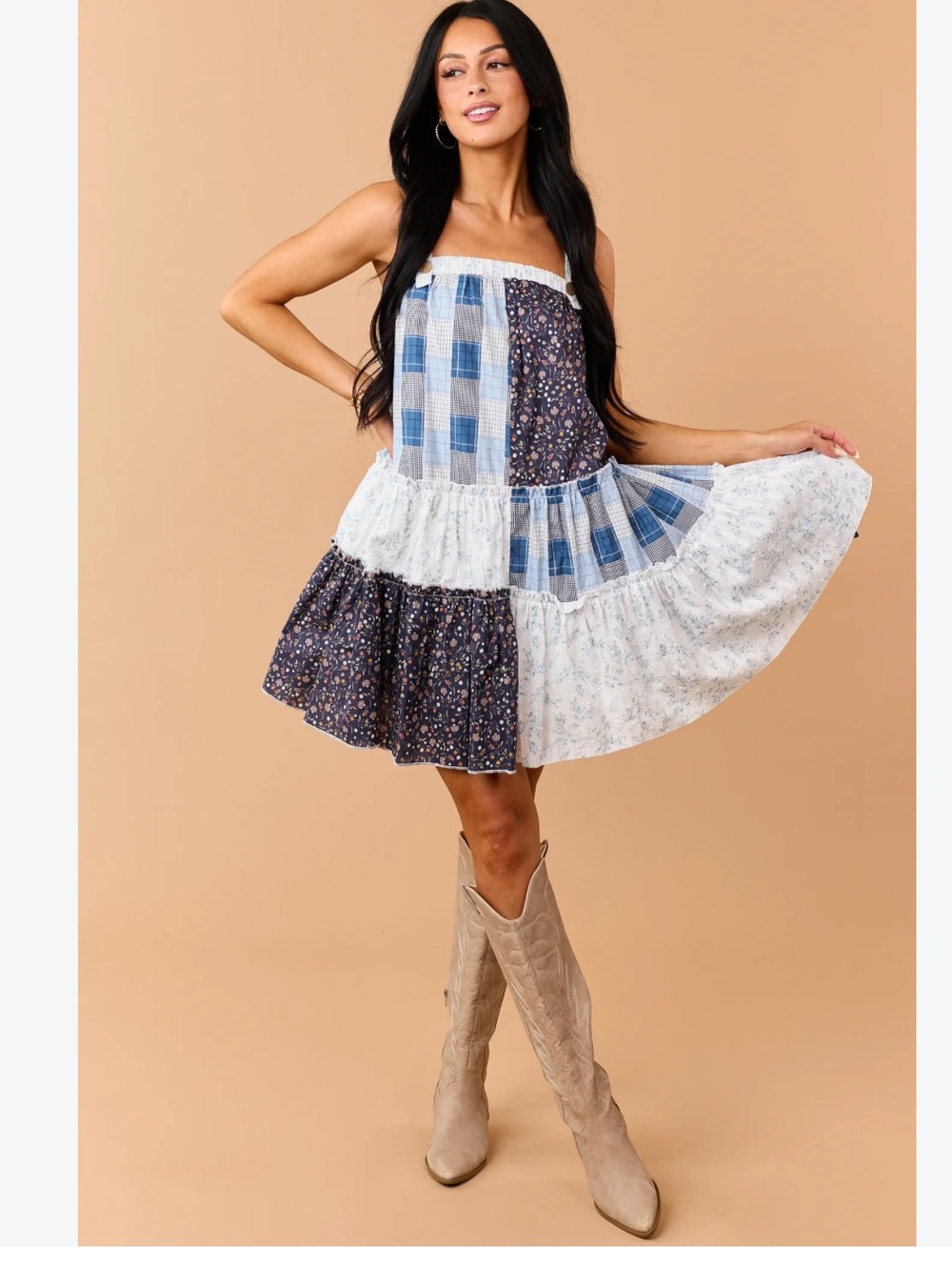 Patchwork Madras Floral Tiered Babydoll Mini Dress S NEW Mello Blue Ditsy Plaid